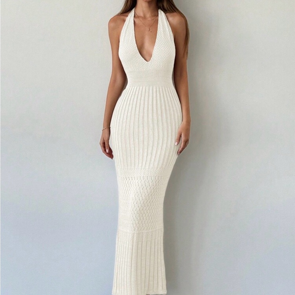 Crochet Knit White Halter Maxi Dress